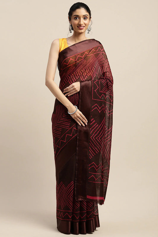 Brown Art Silk Printed Saree With Blouse Piece VSAR1546