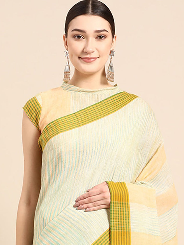 Green Cotton Blend Printed Saree With Blouse Piece VSAR1621