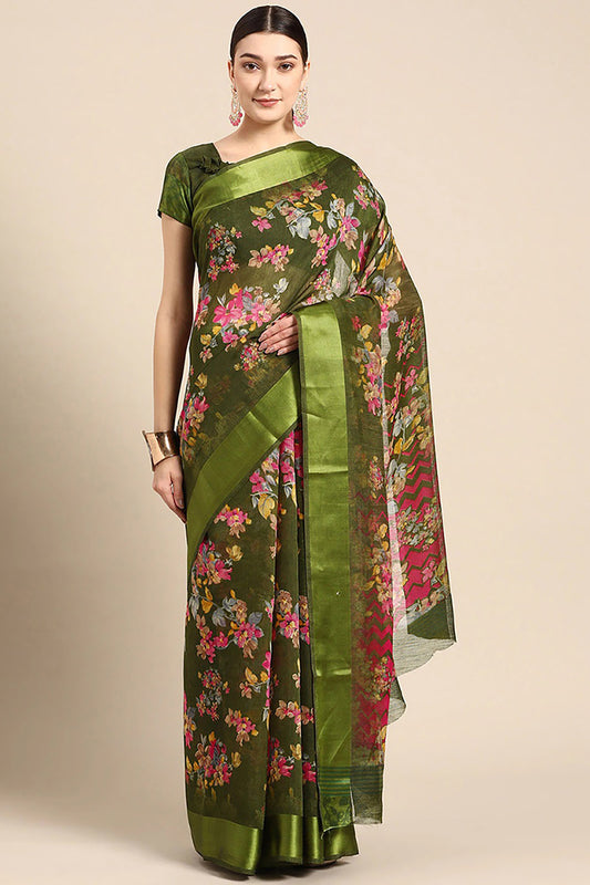 Green Art Silk Printed Saree With Blouse Piece VSAR1624