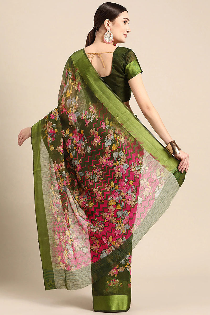 Green Art Silk Printed Saree With Blouse Piece VSAR1624