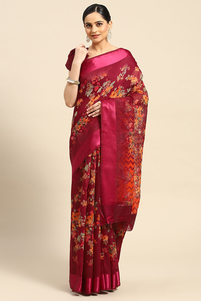 Maroon Cotton Blend Printed Saree With Blouse Piece VSAR1627