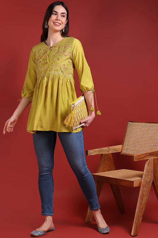 Mustard Yellow Silk Blend Embroidered Regular Top VT1270