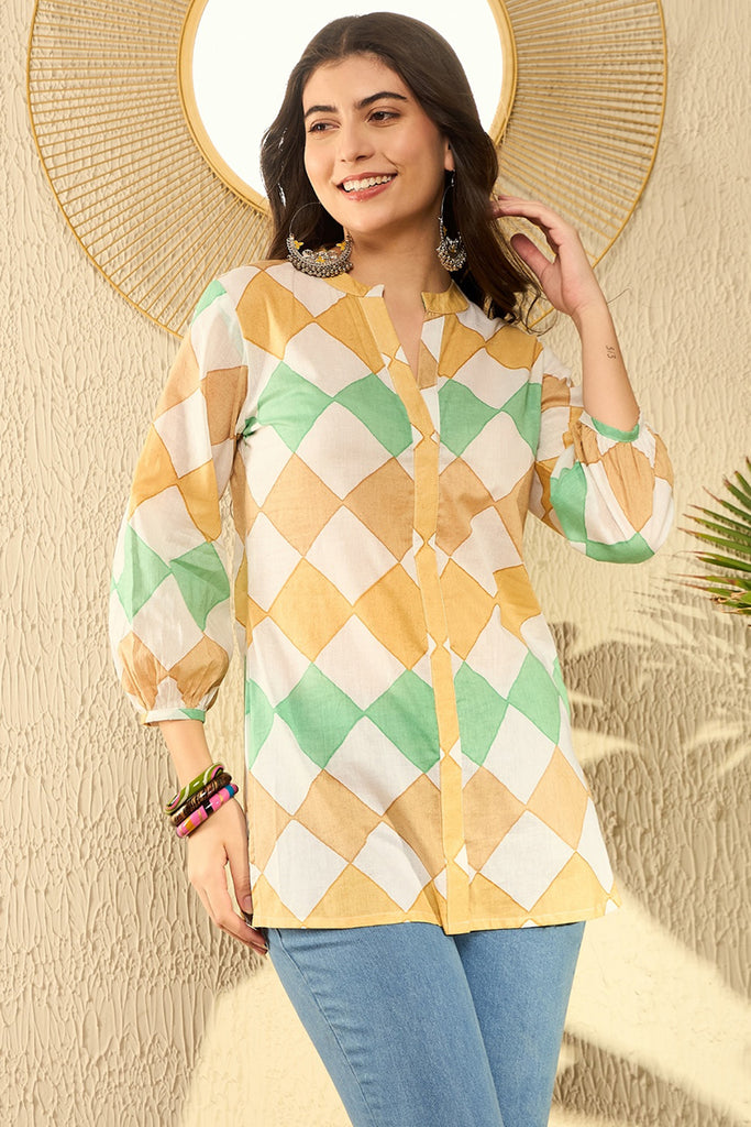 White Cotton Blend Geometric Printed Regular Tunic VT1273WHT