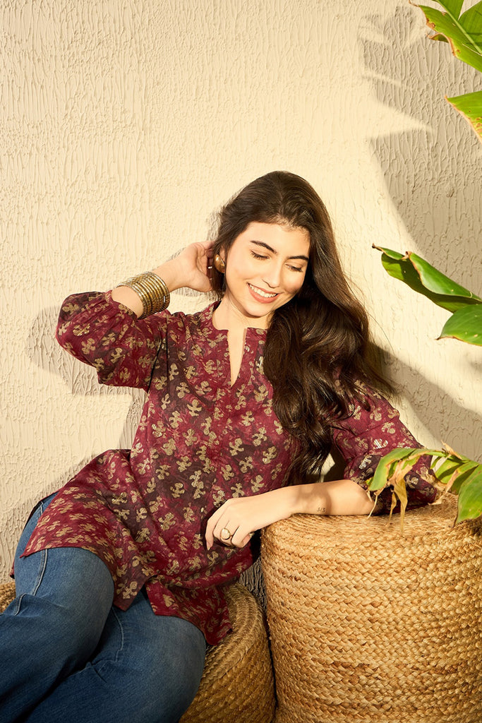 Maroon Cotton Blend Abstract Printed Regular Tunic VT1278MRN