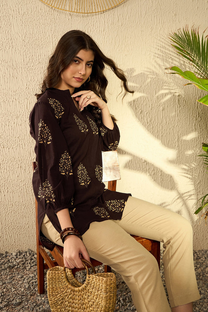 Brown Cotton Blend Ethnic Motifs Printed Regular Tunic VT1279BRN