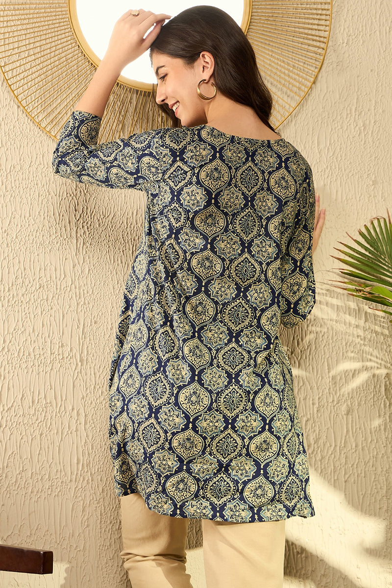 Navy Blue Cotton Blend Ajrakh Printed Peplum Tunic VT1280