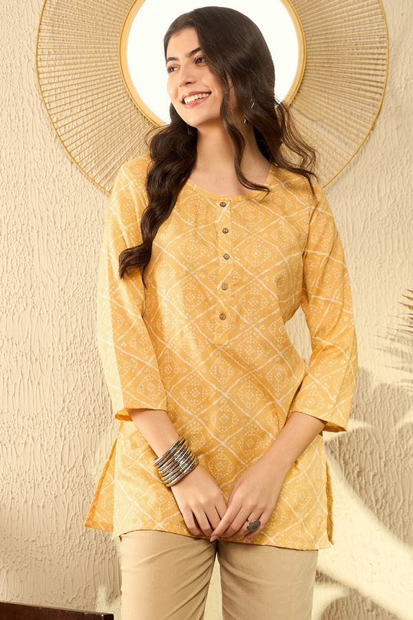 Yellow Cotton Blend Bandhani Printed Regular Tunic VT1287