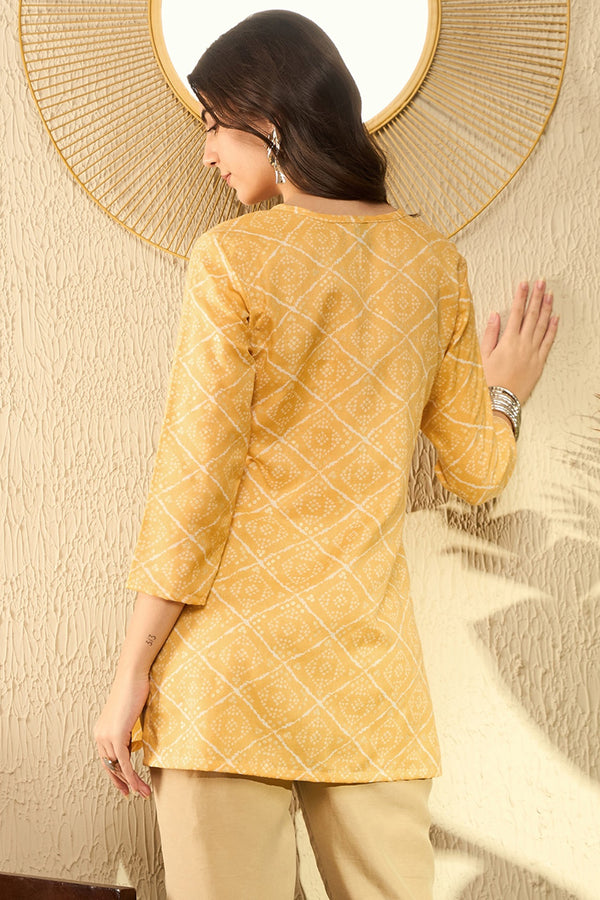 Yellow Cotton Blend Bandhani Printed Regular Tunic VT1287