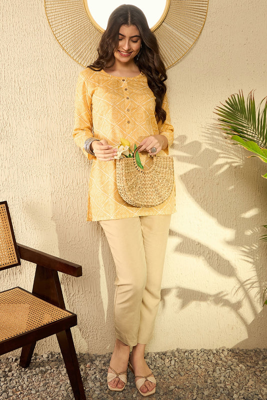 Yellow Cotton Blend Bandhani Printed Regular Tunic VT1287