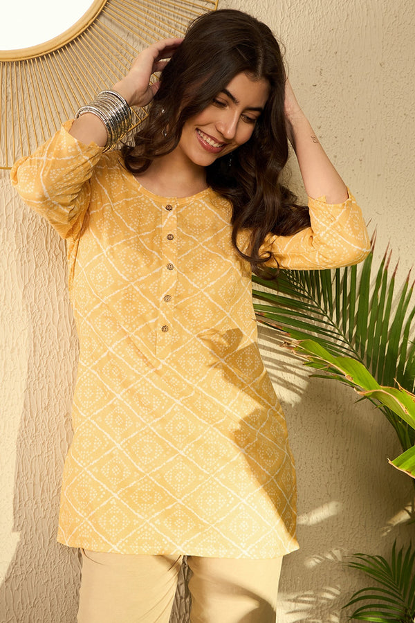 Yellow Cotton Blend Bandhani Printed Regular Tunic VT1287