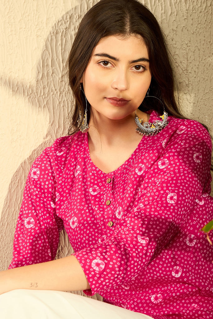 Pink Cotton Blend Bandhani Printed Regular Tunic VT1289