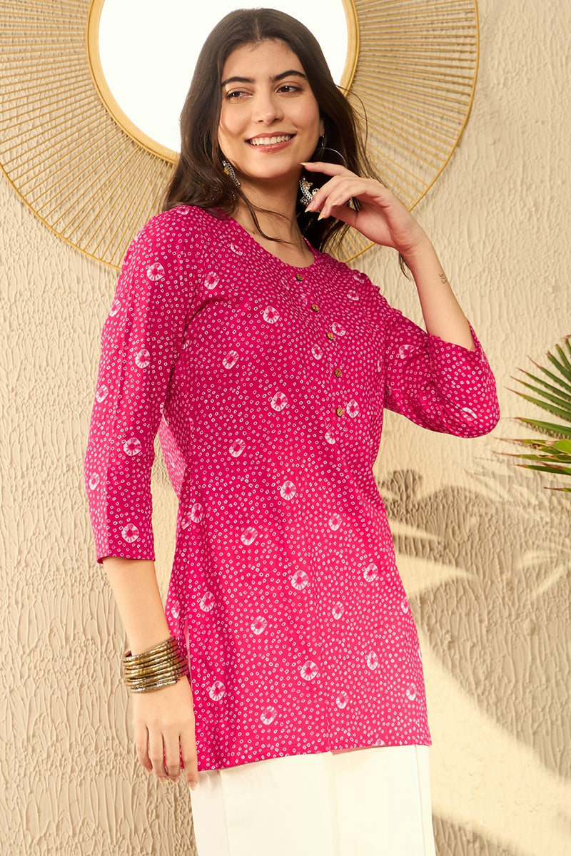 Pink Cotton Blend Bandhani Printed Regular Tunic VT1289