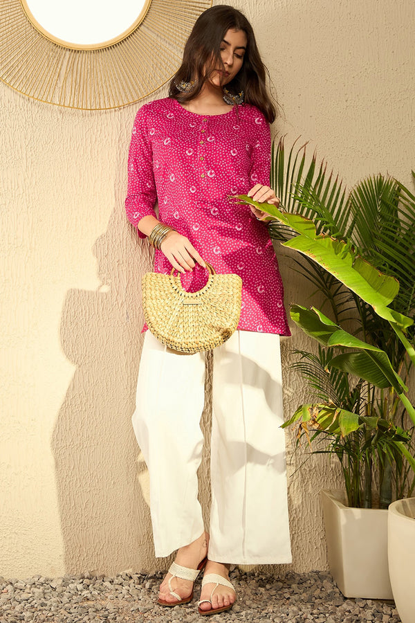 Pink Cotton Blend Bandhani Printed Regular Tunic VT1289