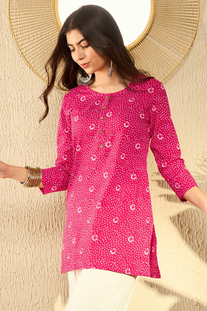 Pink Cotton Blend Bandhani Printed Regular Tunic VT1289