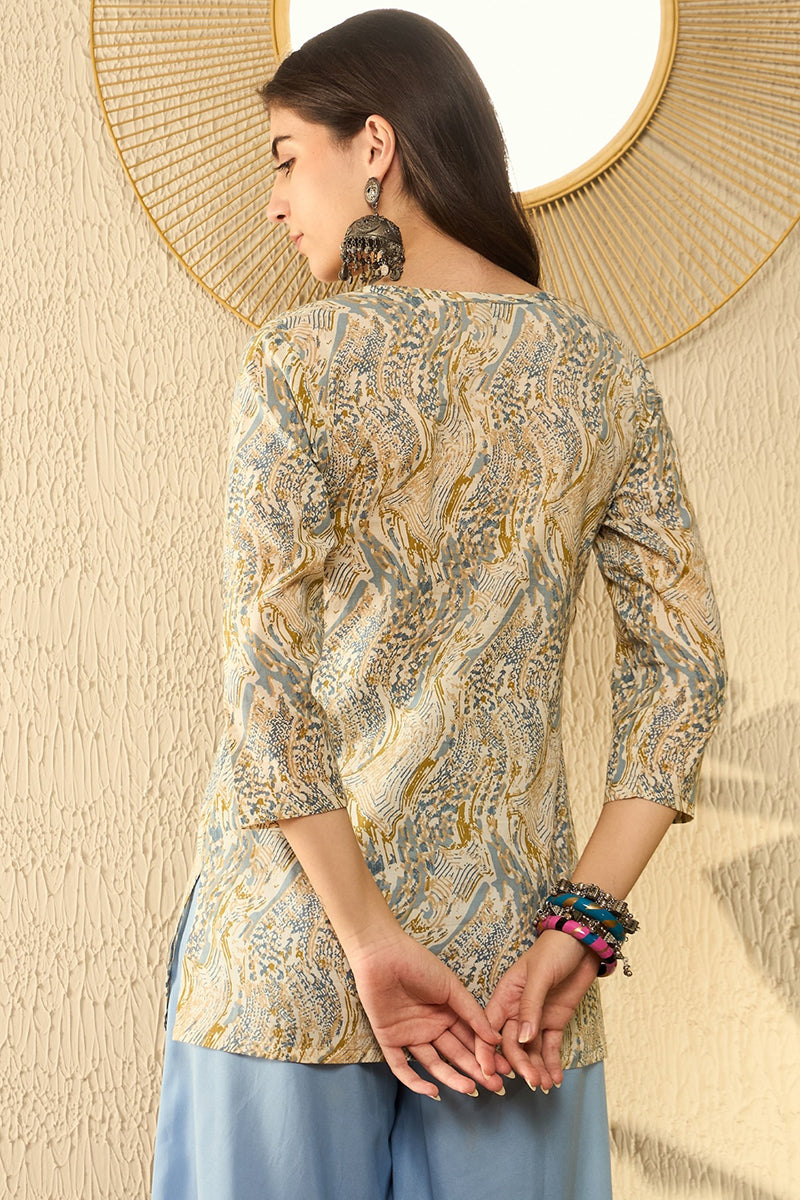 Blue Cotton Blend Abstract Printed Regular Tunic VT1292