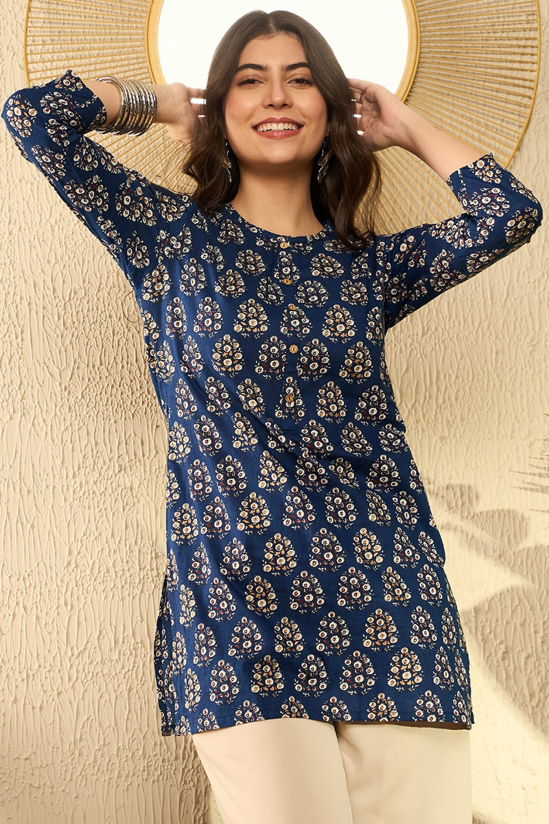 Navy Blue Cotton Blend Ethnic Motifs Printed Regular Tunic VT1294