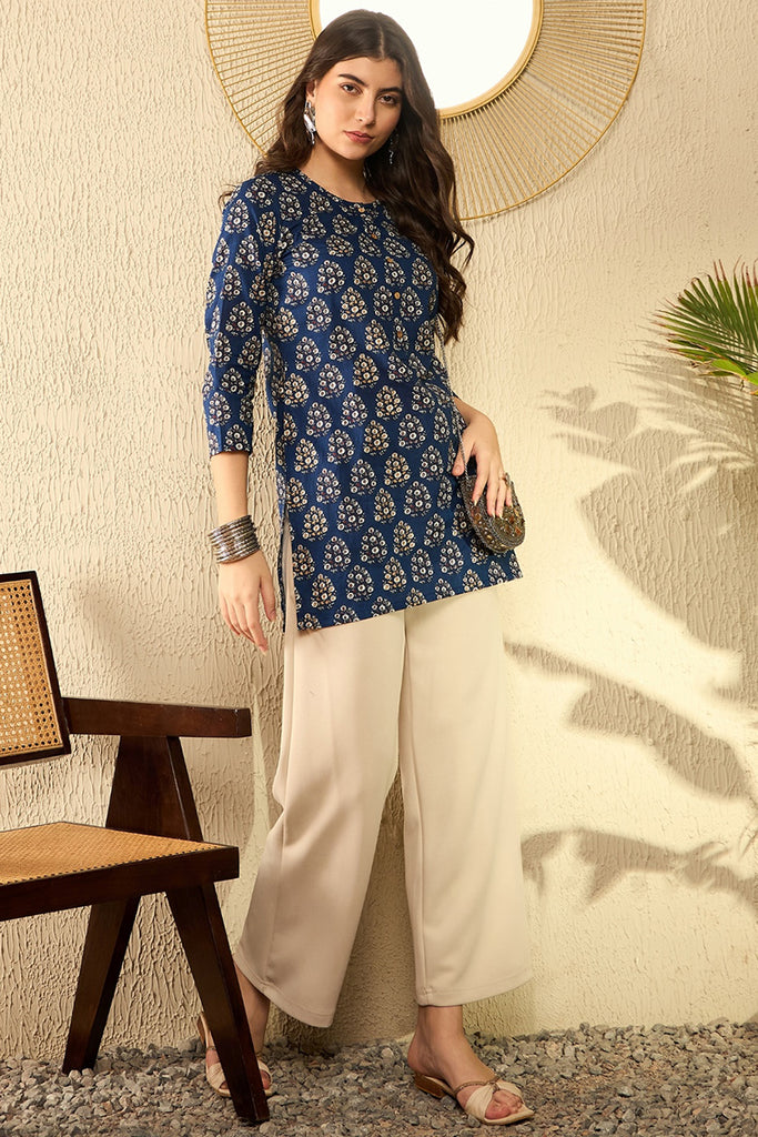 Navy Blue Cotton Blend Ethnic Motifs Printed Regular Tunic VT1294