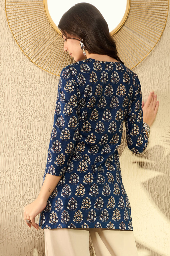 Navy Blue Cotton Blend Ethnic Motifs Printed Regular Tunic VT1294