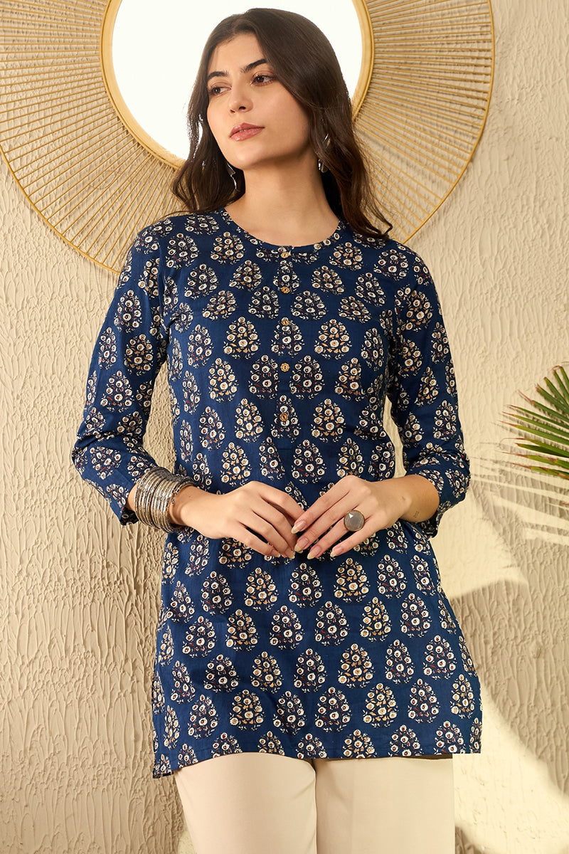 Navy Blue Cotton Blend Ethnic Motifs Printed Regular Tunic VT1294