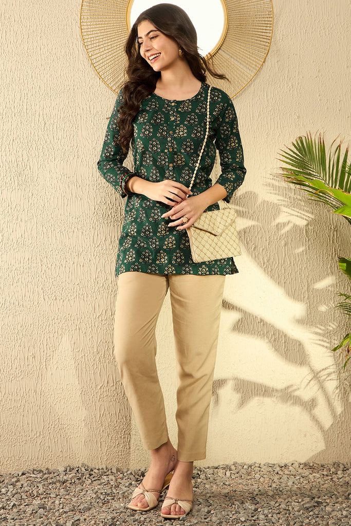 Green Cotton Blend Ethnic Motifs Printed Regular Tunic VT1295