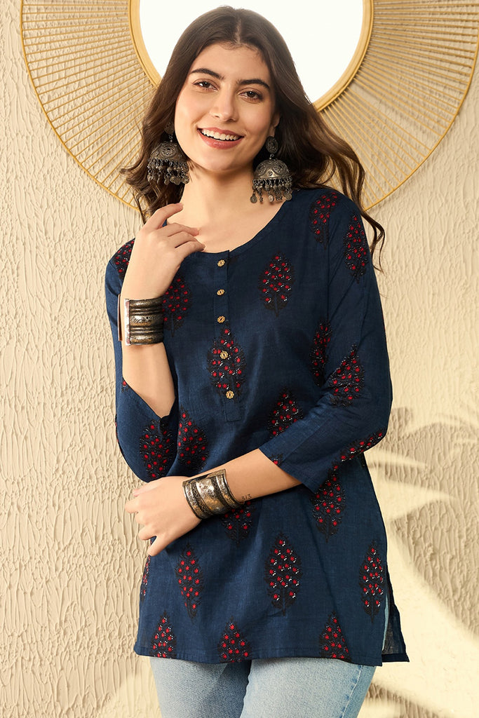 Navy Blue Cotton Blend Ethnic Motifs Printed Regular Tunic VT1296