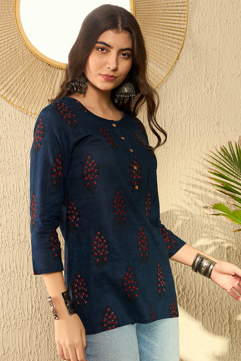 Navy Blue Cotton Blend Ethnic Motifs Printed Regular Tunic VT1296