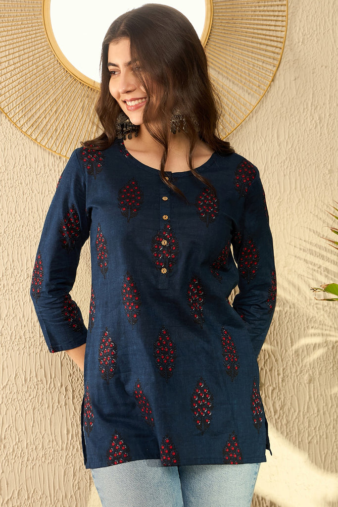 Navy Blue Cotton Blend Ethnic Motifs Printed Regular Tunic VT1296