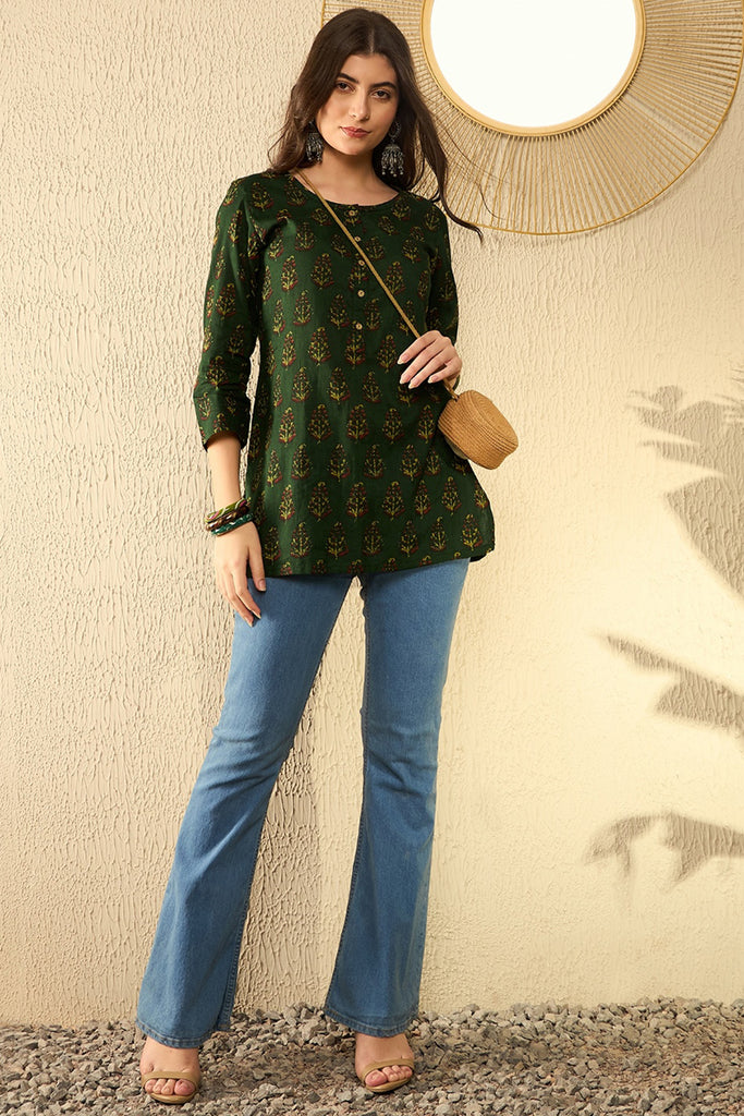 Green Cotton Blend Ethnic Motifs Printed Regular Tunic VT1297