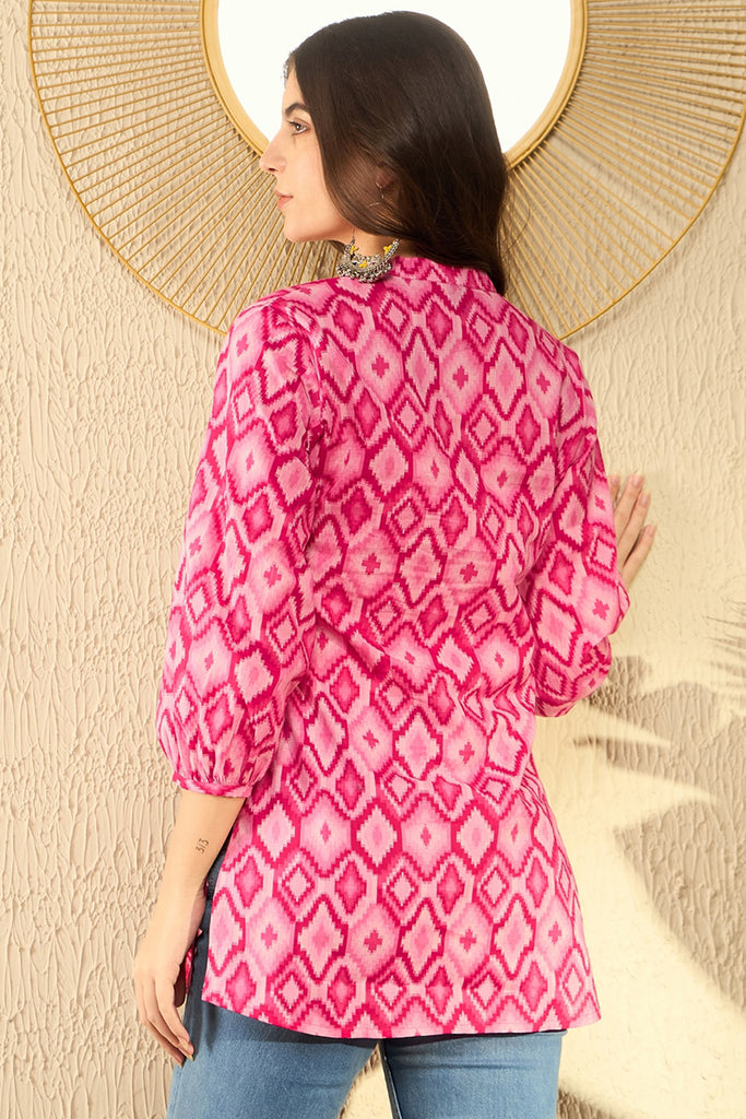 Pink Cotton Blend Ikat Printed Regular Tunic VT1298