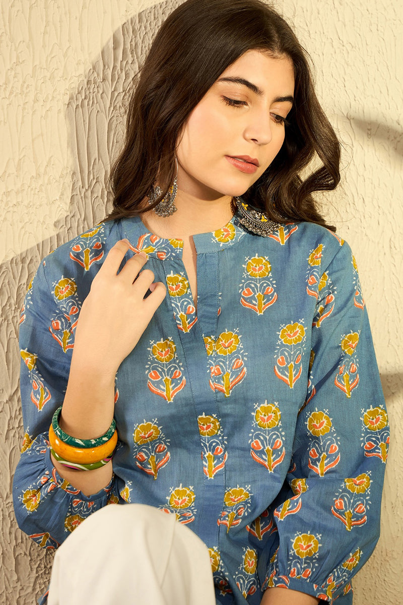 Blue Cotton Blend Floral Printed Regular Tunic VT1300