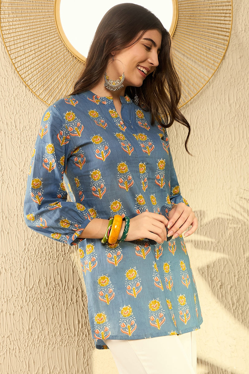 Blue Cotton Blend Floral Printed Regular Tunic VT1300