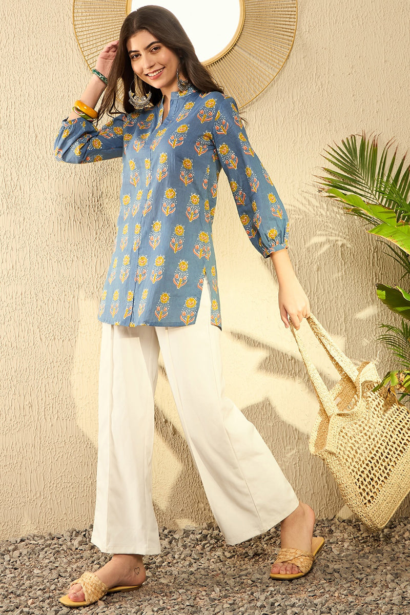 Blue Cotton Blend Floral Printed Regular Tunic VT1300