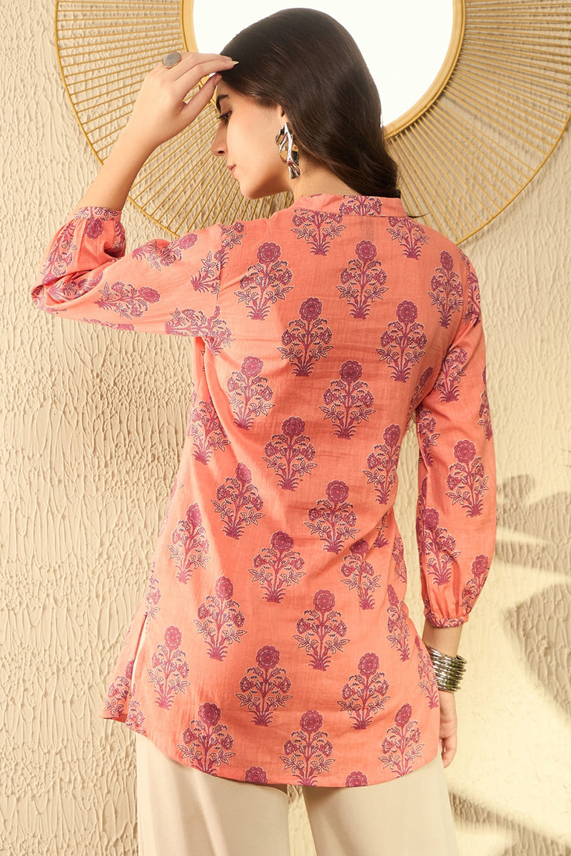 Orange Cotton Blend Floral Printed Regular Tunic VT1301