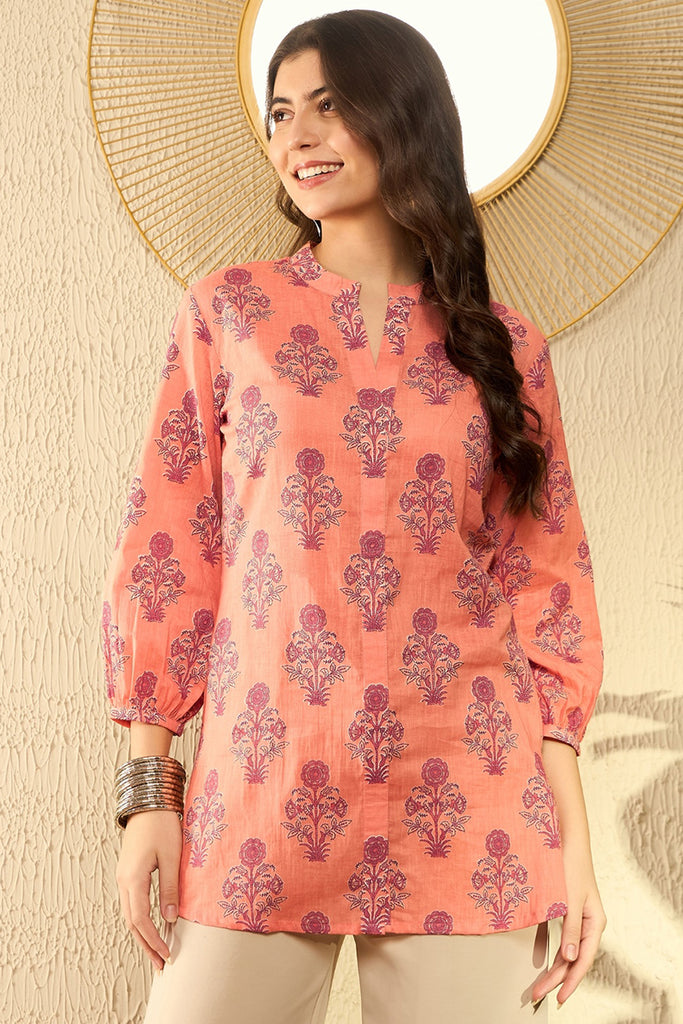 Orange Cotton Blend Floral Printed Regular Tunic VT1301