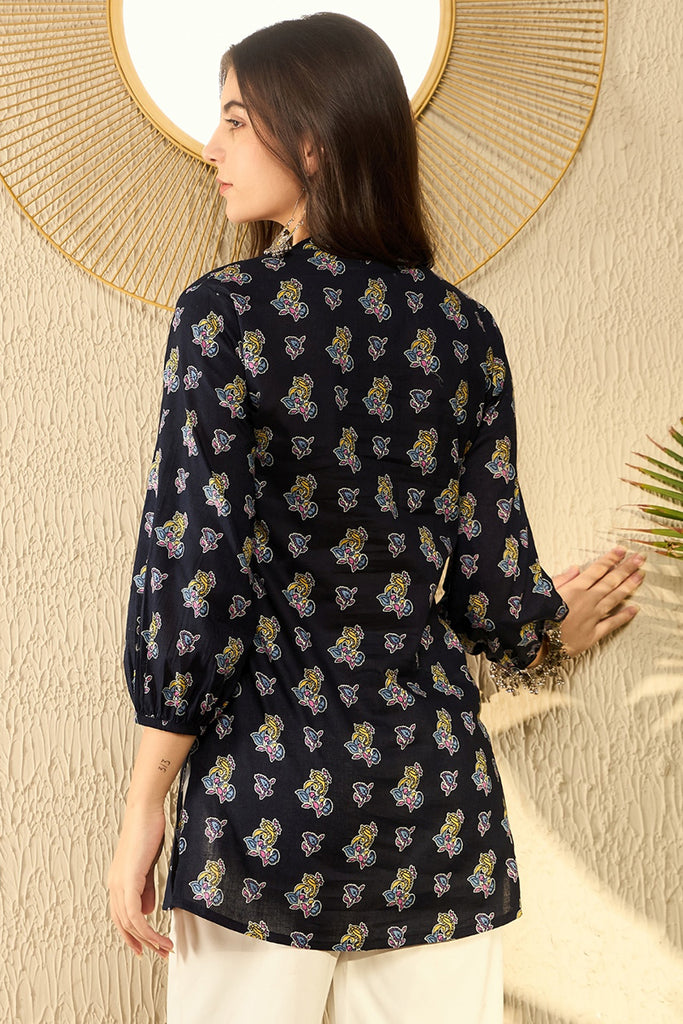 Navy Blue Cotton Blend Ethnic Motifs Printed Regular Tunic VT1302