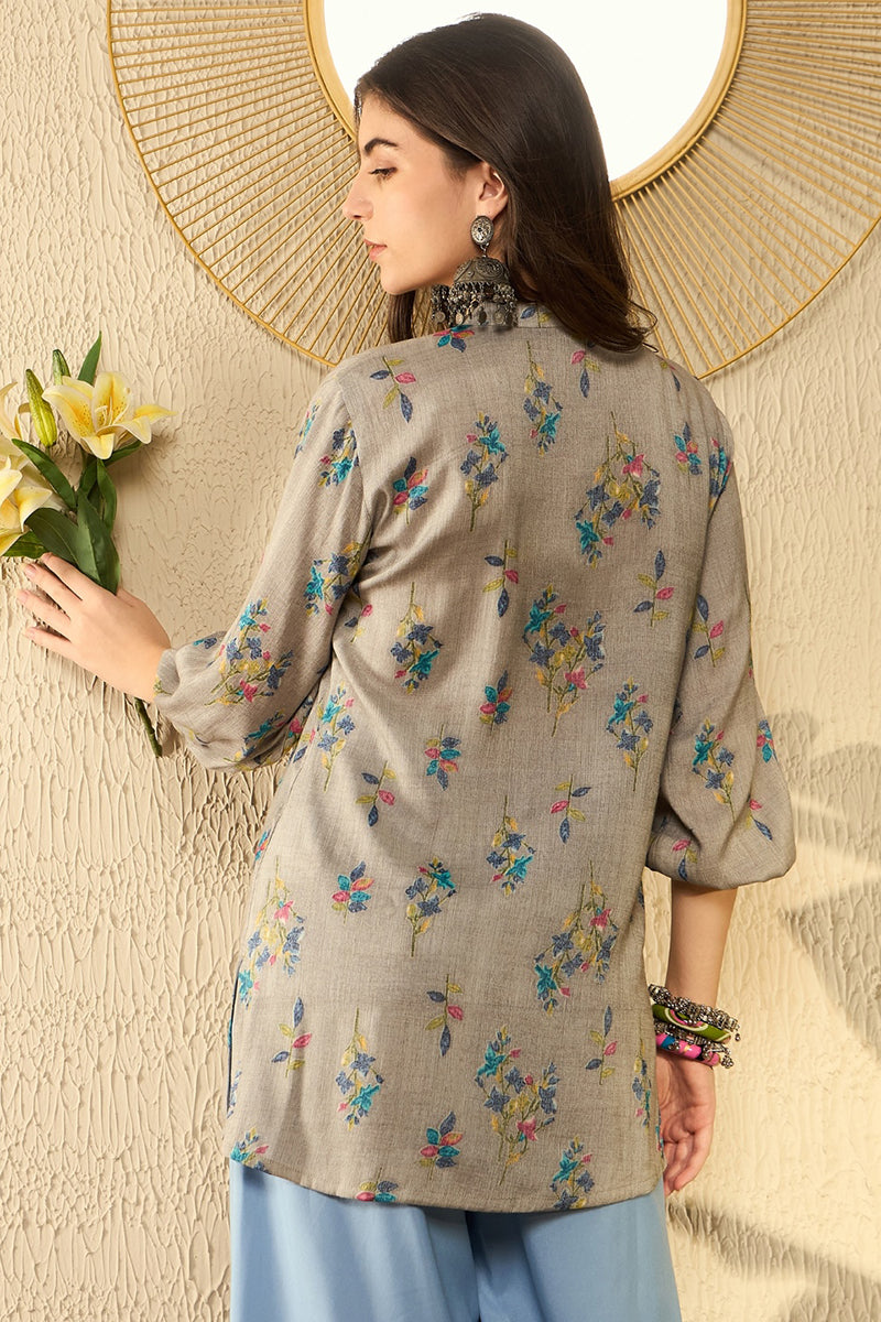 Grey Poly Rayon Floral Printed Regular Tunic VT1303