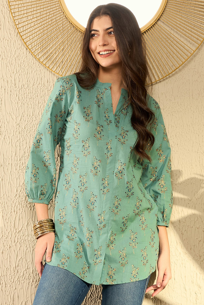 Sea Green Cotton Blend Floral Printed Regular Tunic VT1304