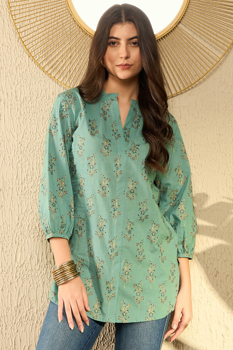 Sea Green Cotton Blend Floral Printed Regular Tunic VT1304