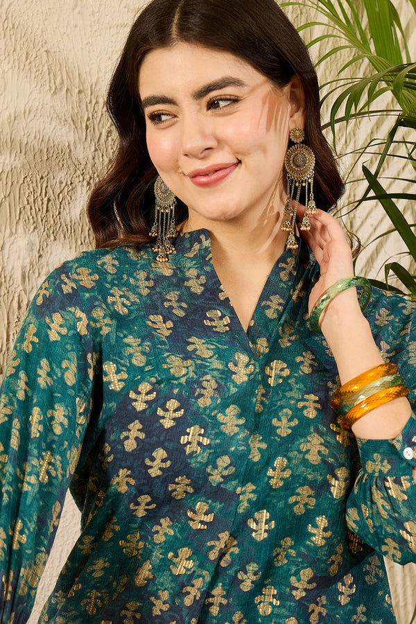 Blue Cotton Blend Ethnic Motifs Printed Regular Top VT1311