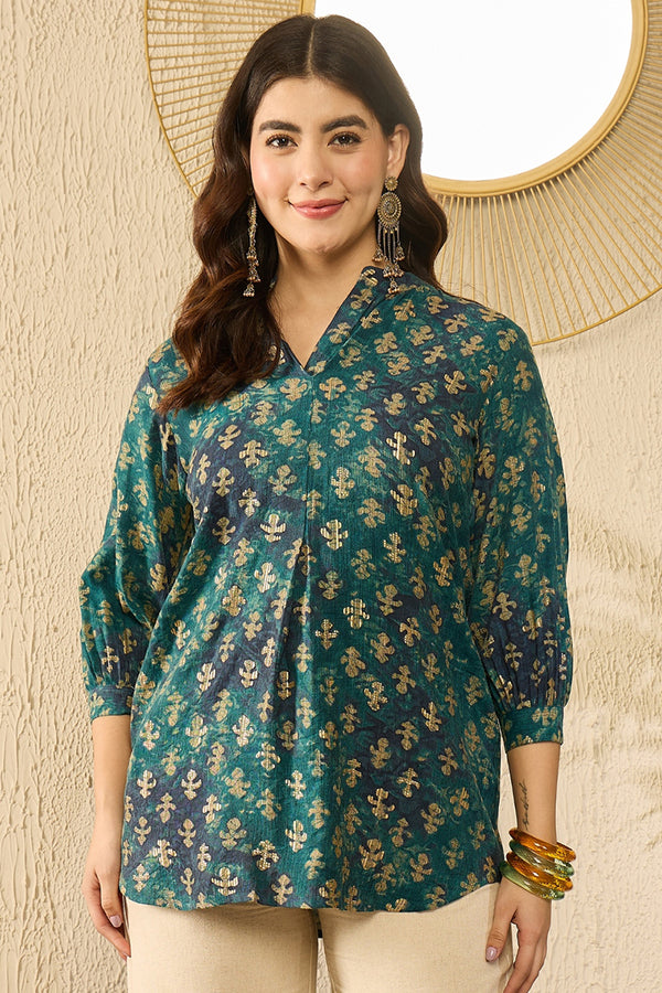 Blue Cotton Blend Ethnic Motifs Printed Regular Top VT1311