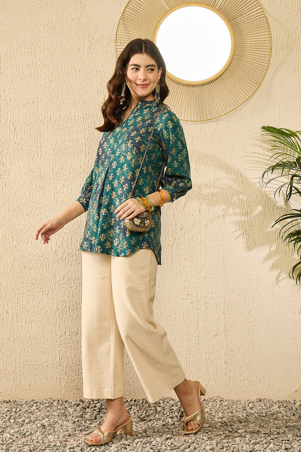 Blue Cotton Blend Ethnic Motifs Printed Regular Top VT1311