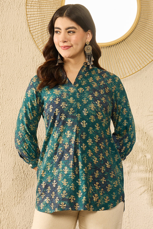 Blue Cotton Blend Ethnic Motifs Printed Regular Top VT1311