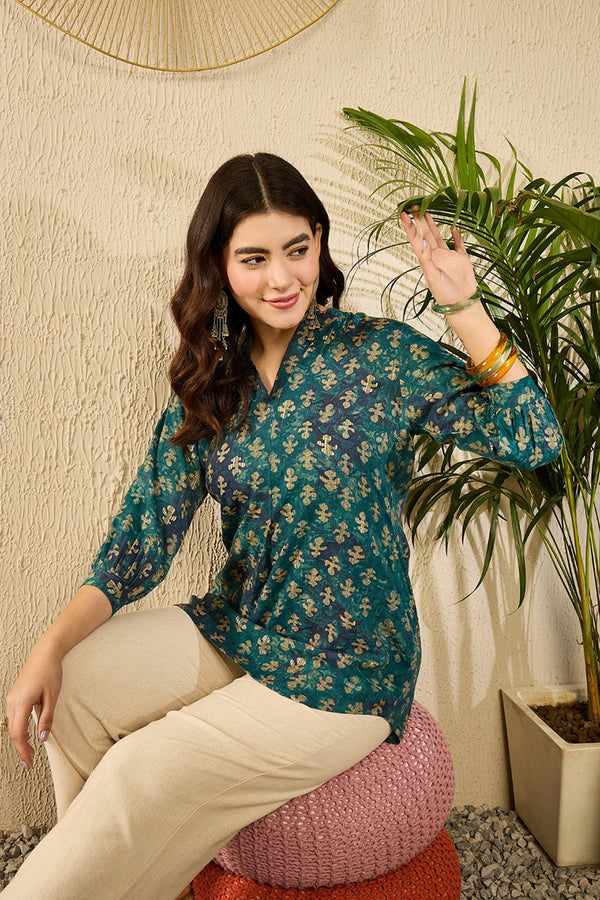 Blue Cotton Blend Ethnic Motifs Printed Regular Top VT1311