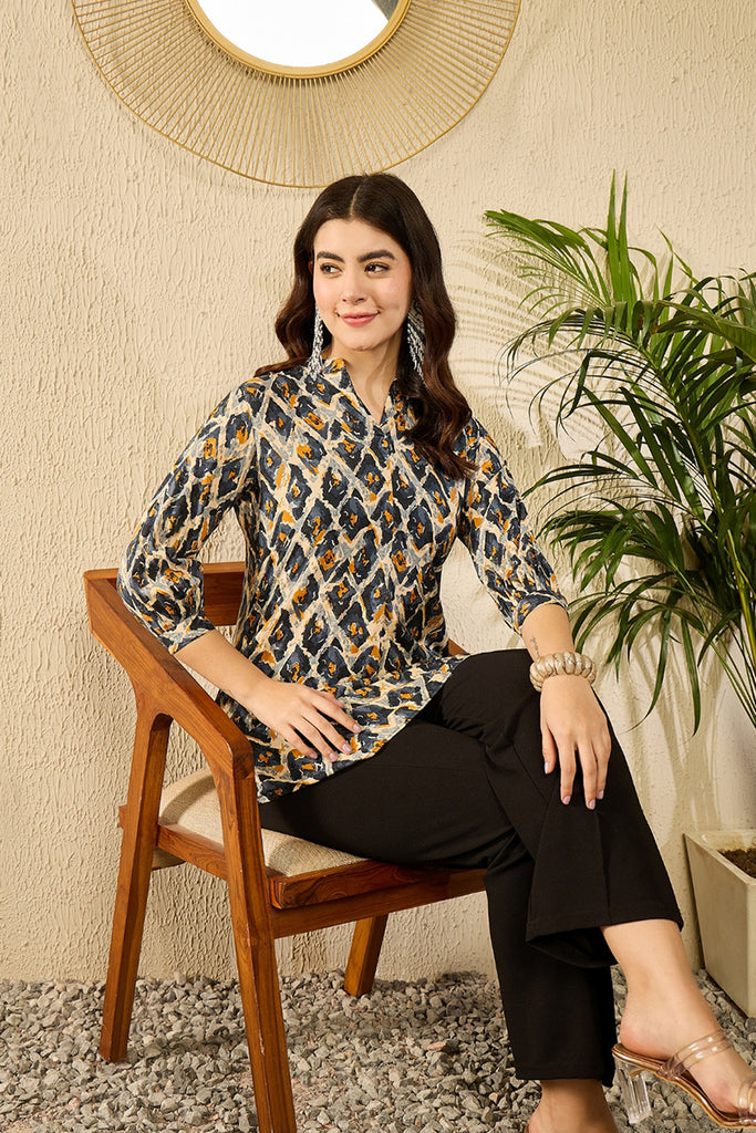 Blue Viscose Rayon Abstract Printed Regular Top VT1313