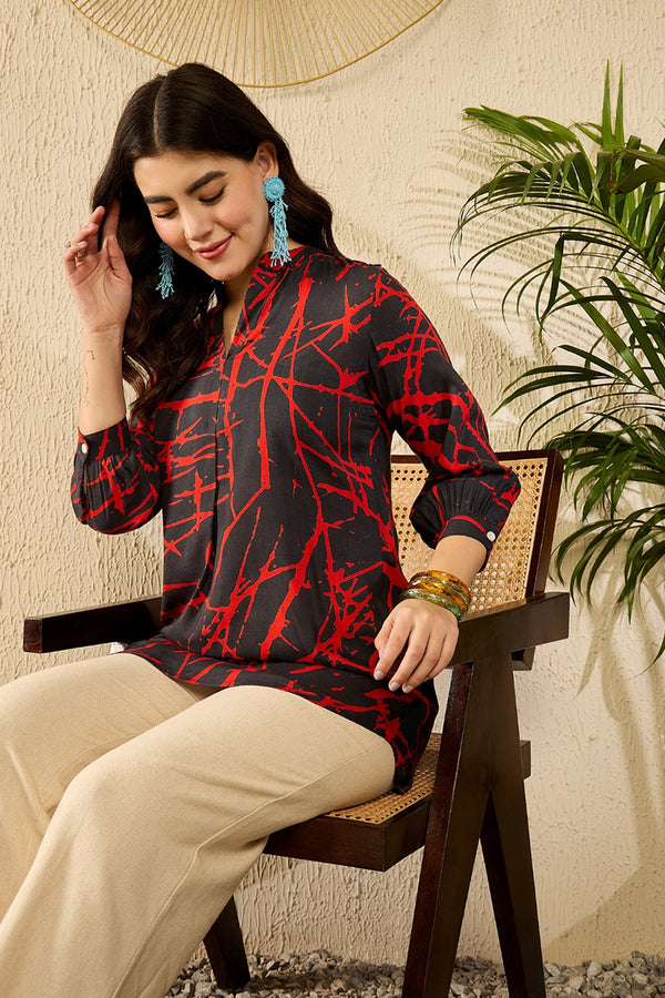 Black Viscose Rayon Abstract Printed Regular Top VT1314
