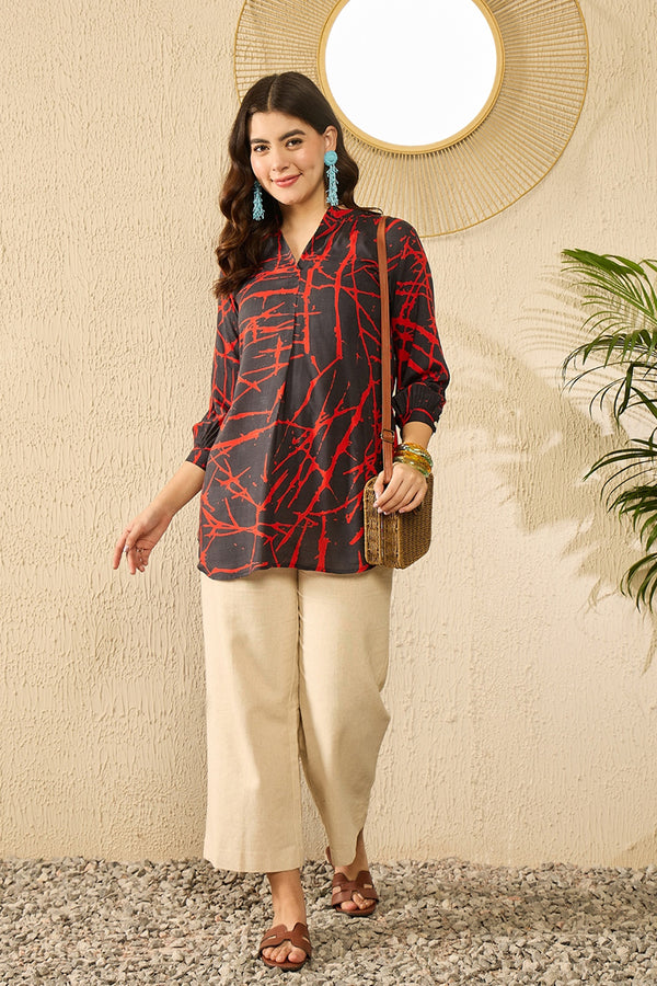 Black Viscose Rayon Abstract Printed Regular Top VT1314