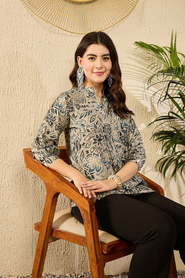 Blue Silk Blend Floral Printed Regular Top VT1315