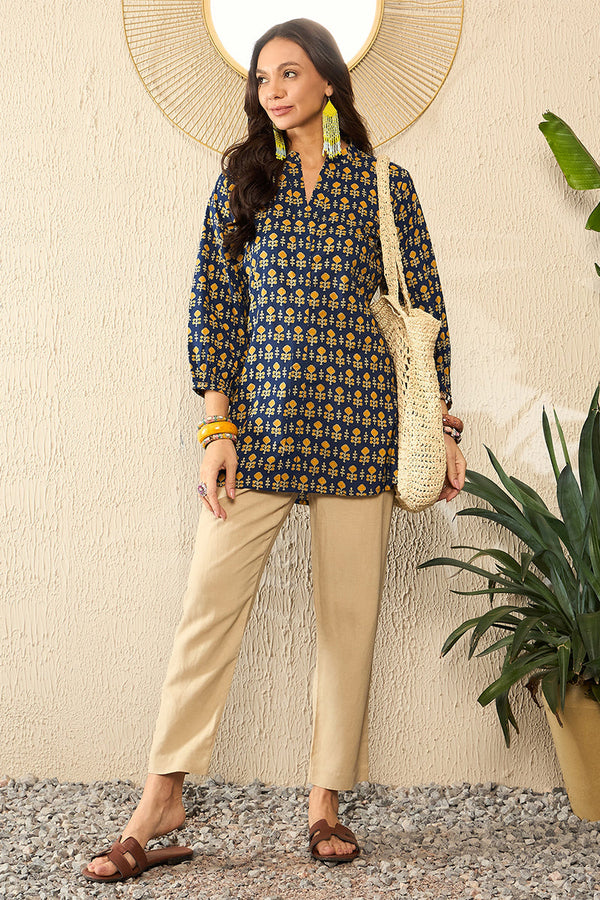 Blue Cotton Blend Ethnic Motifs Printed Regular Top VT1318