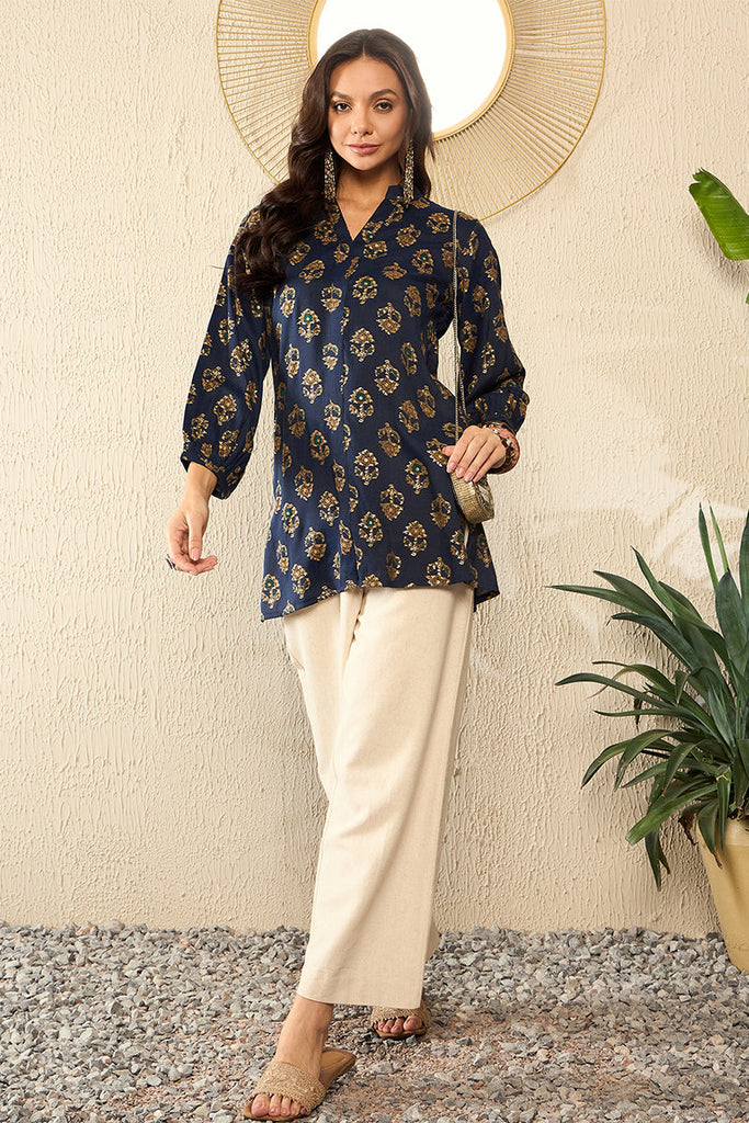 Blue Cotton Blend Floral Printed Regular Top VT1320