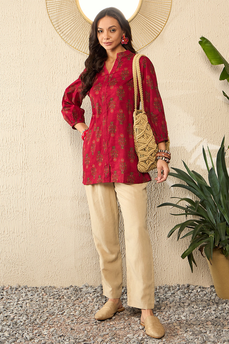 Maroon Cotton Blend Floral Printed Regular Top VT1321